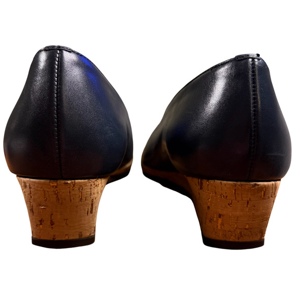 Magdesian Women's 10 Navy Leather Cork Wedge Heels Comfort Casual Italy - Picture 5 of 11